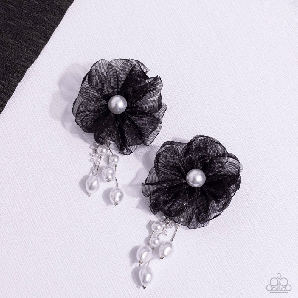 Dripping In Decadence - Black Netting Blossom/White Pearl Paparazzi Post Earrings