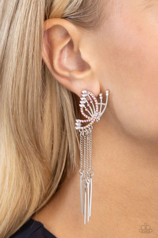 A Few Of My Favorite WINGS - Pink & Iridescent Rhinestones/Airy Butterfly Paparazzi Earrings