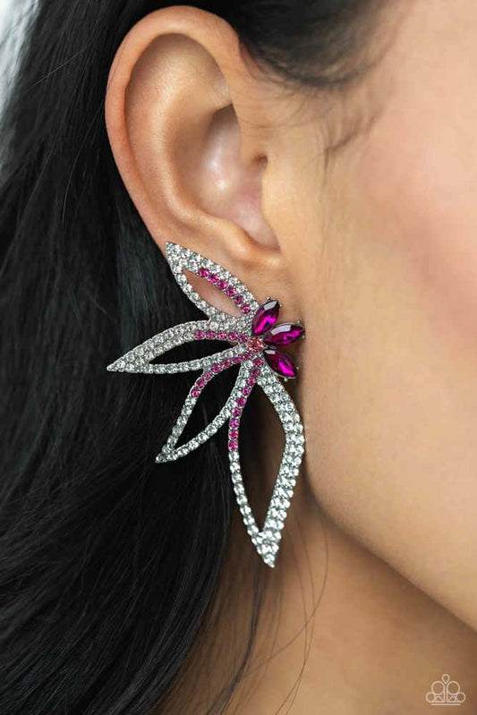 Twinkling Tulip - Pink & White Rhinestone Petals Paparazzi Earrings