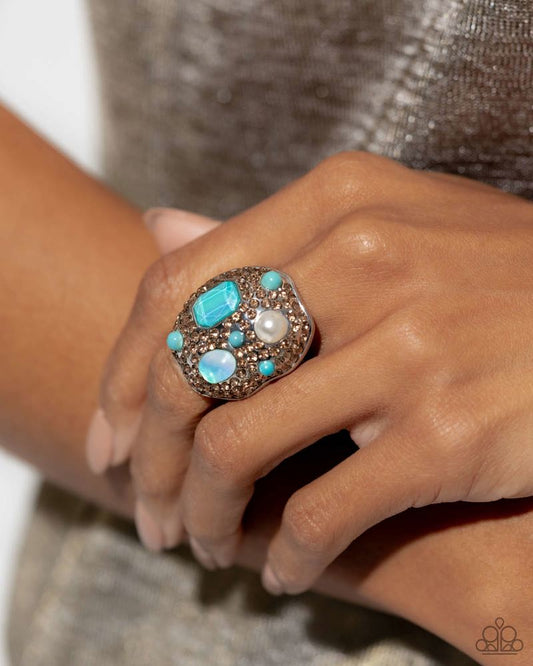 Active Artistry - Blue Beads, White Pearl, Aquamarine Gem, & Topaz Rhinestones Paparazzi Ring