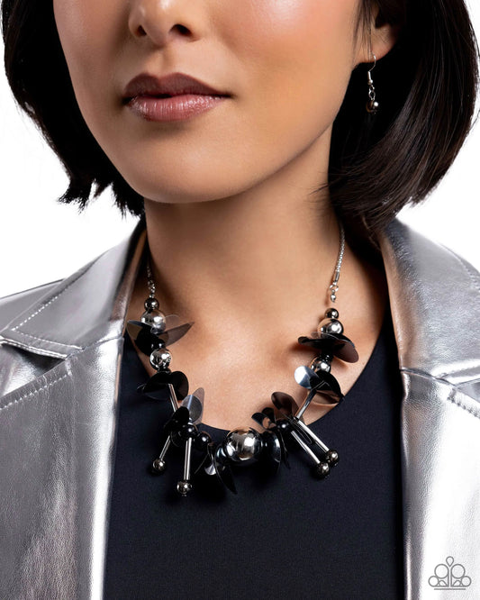 Streamlined Sequins - Black/Gunmetal Sequins Paparazzi Necklace & matching earrings