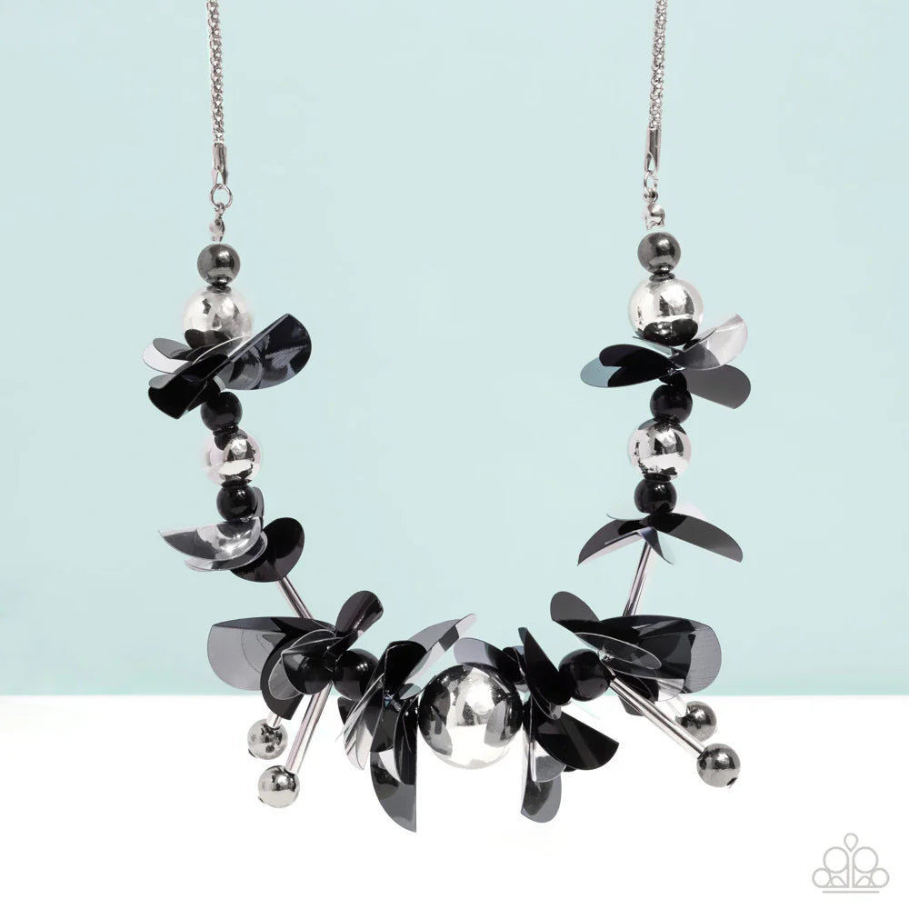 Streamlined Sequins - Black/Gunmetal Sequins Paparazzi Necklace & matching earrings