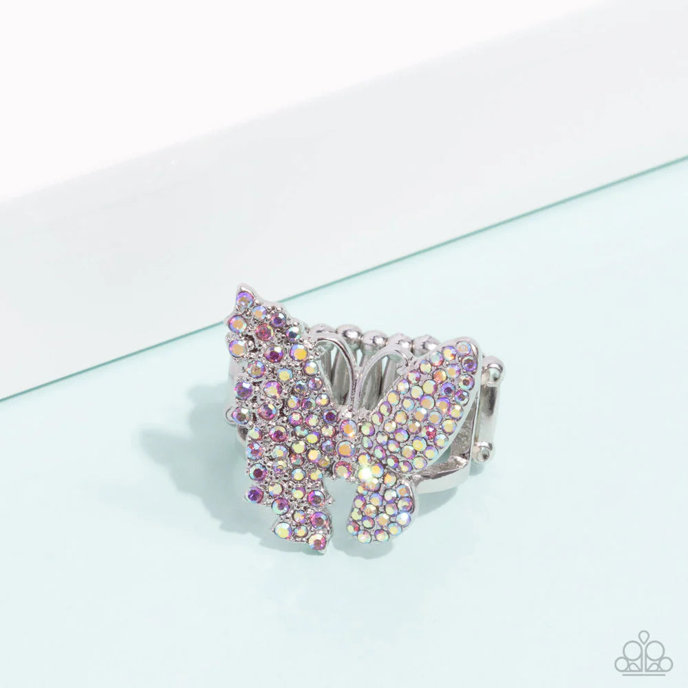 Aerial Advocate - Pink Iridescent Rhinestone Embellished Butterfly Ring