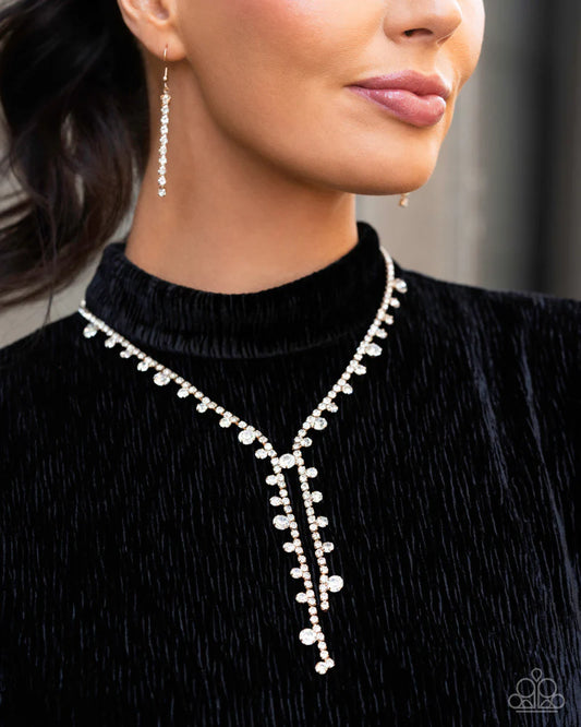 Glittery Getaway - Gold Square Fittings/White Rhinestones Paparazzi Necklace & matching earrings