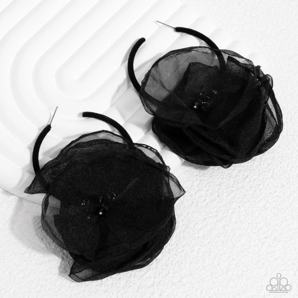 Passionate Promenade - Black Chiffon Petals & Black Velvet Hoop Paparazzi Earrings