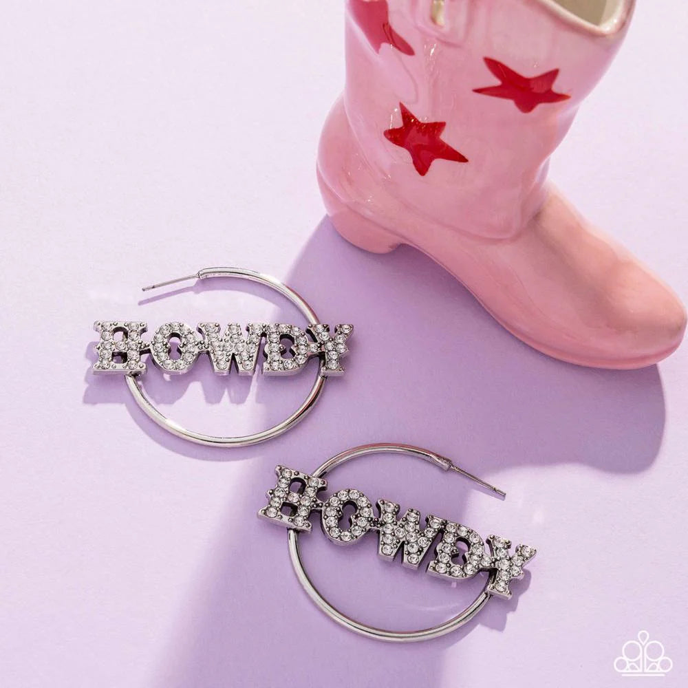 Howdy Hoedown - White Rhinestone "HOWDY"/ Silver Hoops Paparazzi Earrings