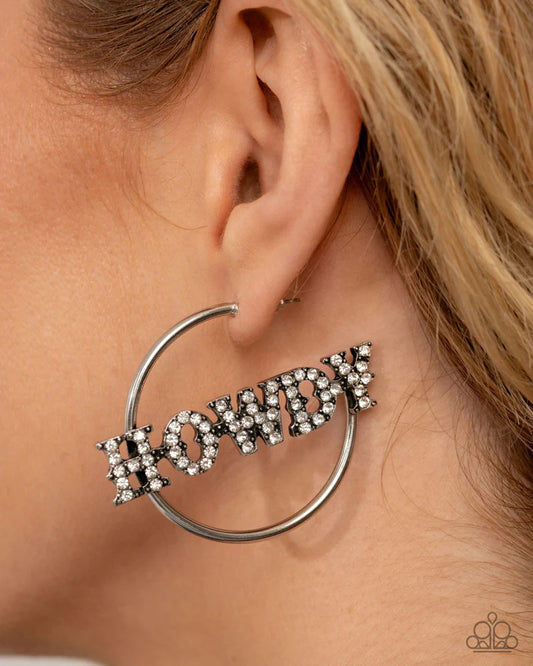 Howdy Hoedown - White Rhinestone "HOWDY"/ Silver Hoops Paparazzi Earrings
