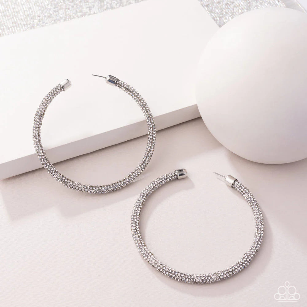 Classy Condition - White Rhinestone Encrusted Paparazzi Hoop Earrings
