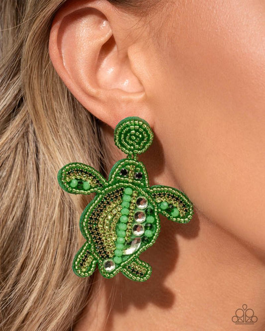 Turtle Tapestry - Green Seed Beads/Green Rhinestones/Green Felt Paparazzi Earrings