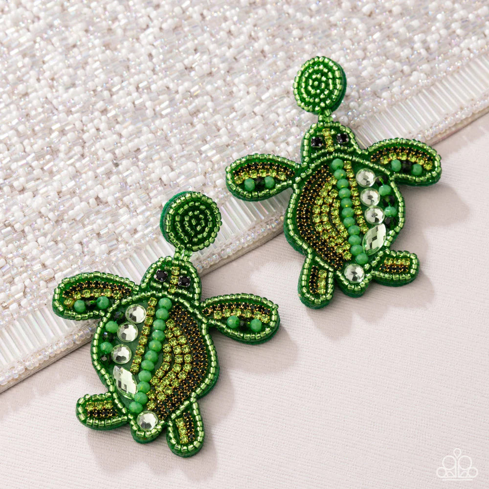 Turtle Tapestry - Green Seed Beads/Green Rhinestones/Green Felt Paparazzi Earrings