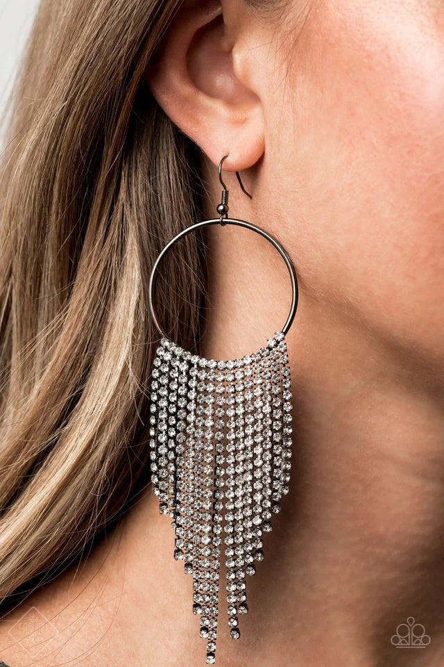 Streamlined Shimmer - Gunmetal & White Rhinestone Fringe Paparazzi Earrings