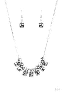 Graciously Audacious - Silver Oversized Beads & Square Hematite Rhinestone Paparazzi Necklace & matching earrings