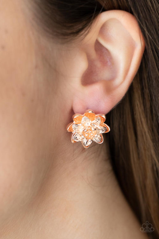 Water Lily Love - Rose Gold Three-Dimensional Flower Paparazzi Post Earrings