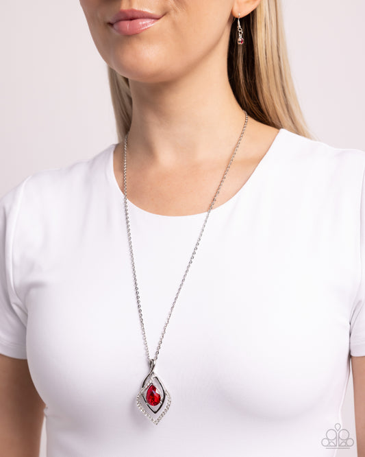 Dauntless Demure - Red Oversized Gem/White Rhinestones Pendant Paparazzi Necklace & matching earrings