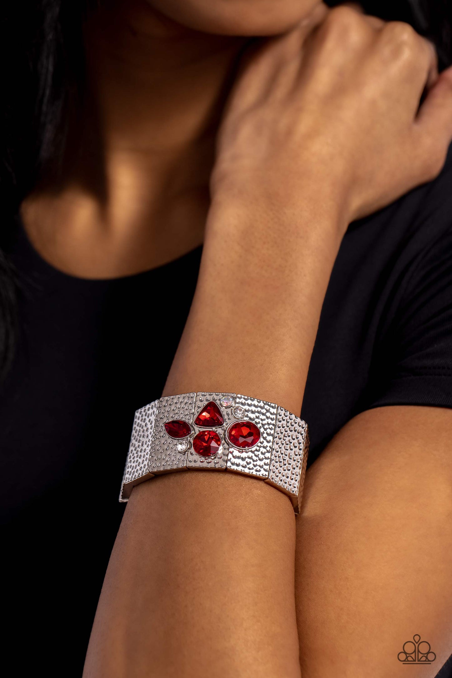 Flickering Fortune - Red/White/Iridescent Rhinestones & Silver Rustic Frames Paparazzi Stretch Bracelet
