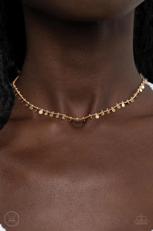 Spotlight Spunk - Gold Dainty Disc Paparazzi Choker Necklace & matching earrings