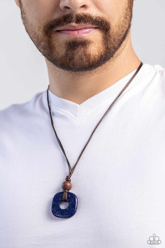 Canyon Crusade - Blue Square Pendant & Oversized Wooden Bead Paparazzi Urban Necklace