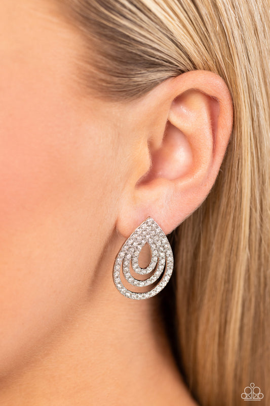 Red Carpet Reverie - White Dainty Rhinestone Encrusted Teardrop Frame Paparazzi Earrings