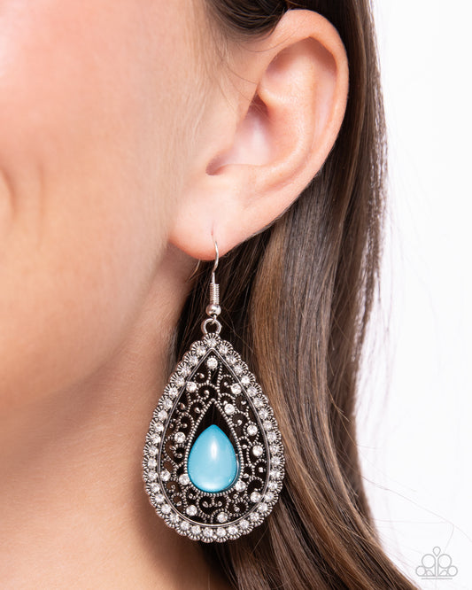 Cloud Nine Couture - Blue Acrylic Teardrop/Studded Silver Filigree Paparazzi Earrings