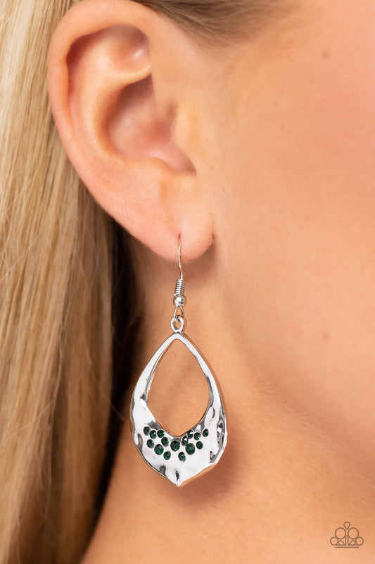 CACHE Reserve - Green Rhinestones & Hammered Silver Frame Paparazzi Earrings