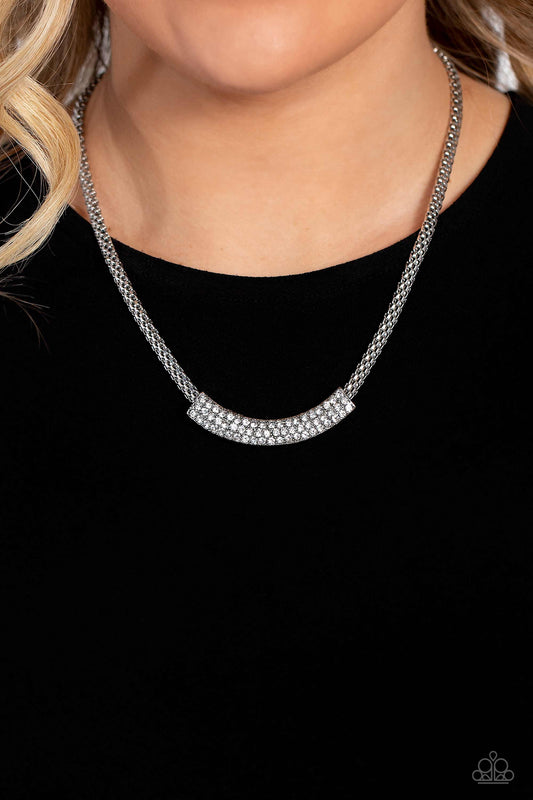 Swing Dance Dream - White Dainty Rhinestones/Curved Pendant Paparazzi Necklace & matching earrings