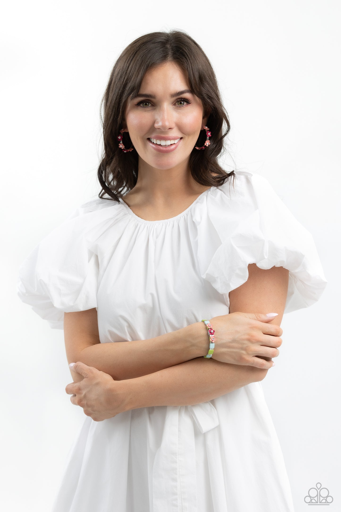 Strictly Springtime - Orange & Pink Flower Embellished Paparazzi Hoop Earrings