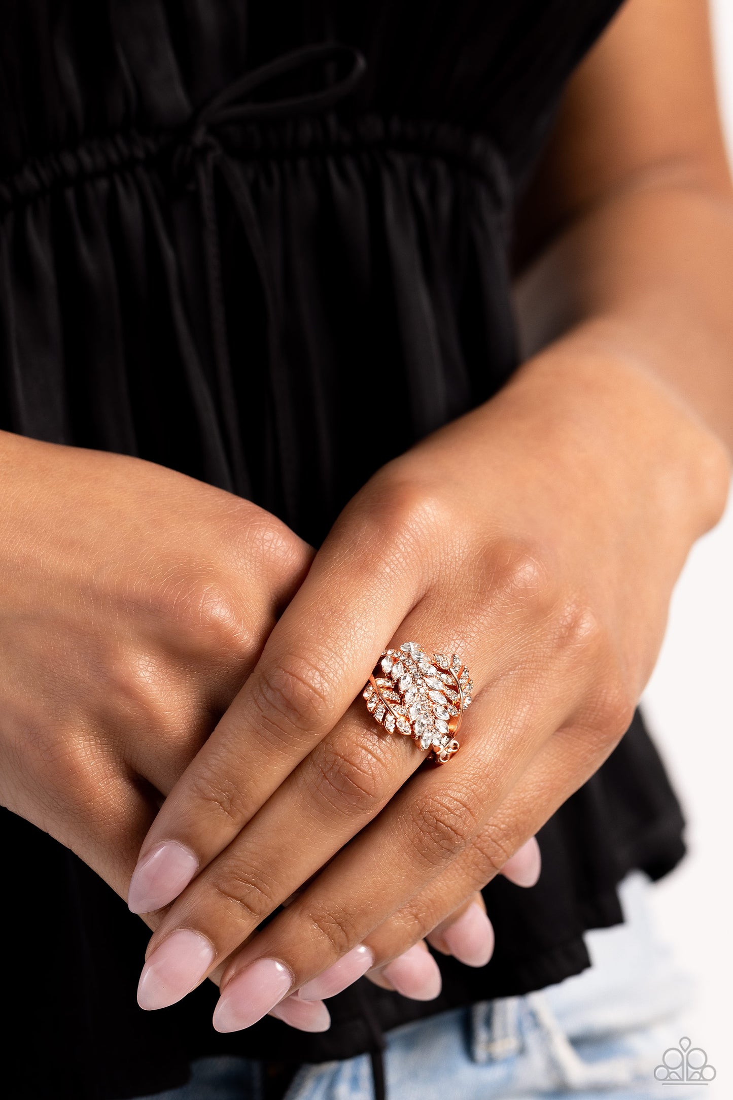LEAF the Way - Copper/White Rhinestone Curled Foliage Inspired Paparazzi Ring