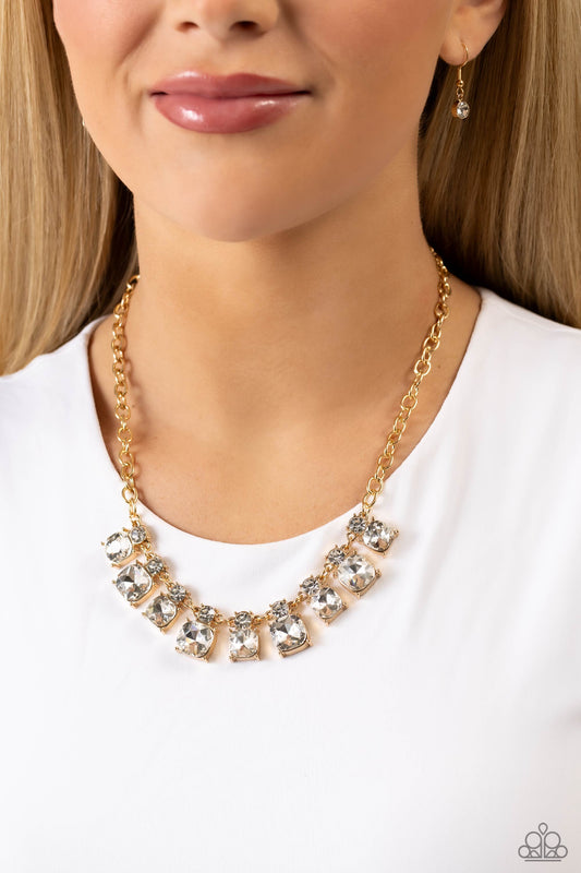 Fitted Fantasy - Gold Link Chain/Faceted White Gems Paparazzi Necklace & matching earrings