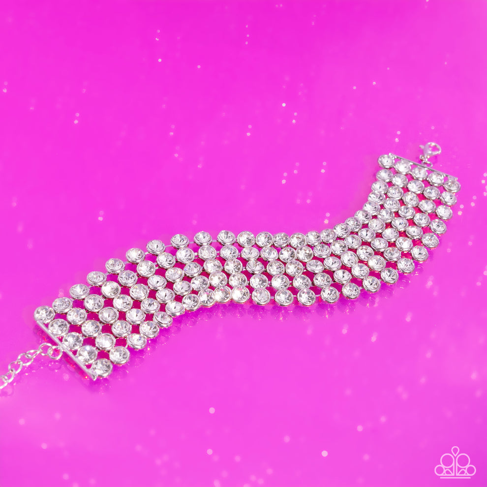 GLASSY Gallery - White Rhinestone Stacked Rows Paparazzi Adjustable Bracelet