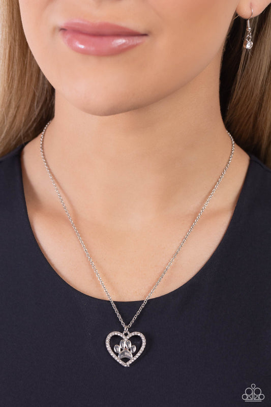 PET in Motion - White Rhinestone Heart/Paw Print Pendant Paparazzi Necklace & matching earrings