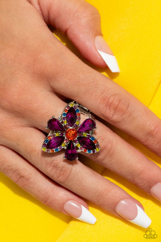 Blazing Blooms - Multi Colored Rhinestone & Purple Teardrop Petals Paparazzi Flower Ring