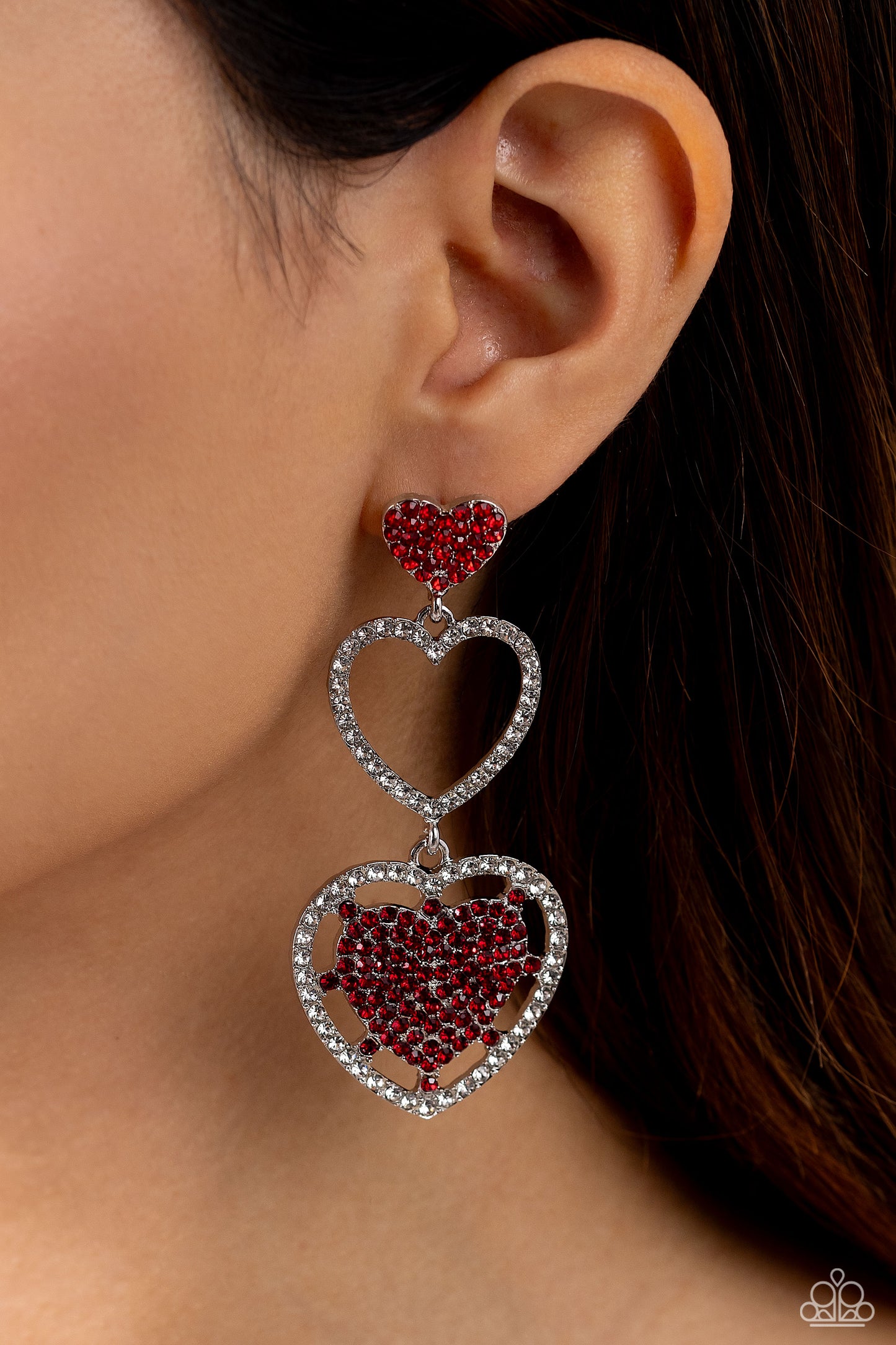 Couples Celebration - Red Rhinestone Embellished Silver Heart/White Rhinestone Heart Frame Paparazzi Earrings