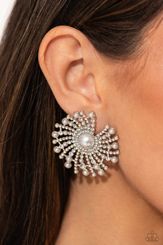 Fancy Fireworks - White Pearl Center/White & Iridescent Rhinestone Firework-Like Strands Paparazzi Earrings