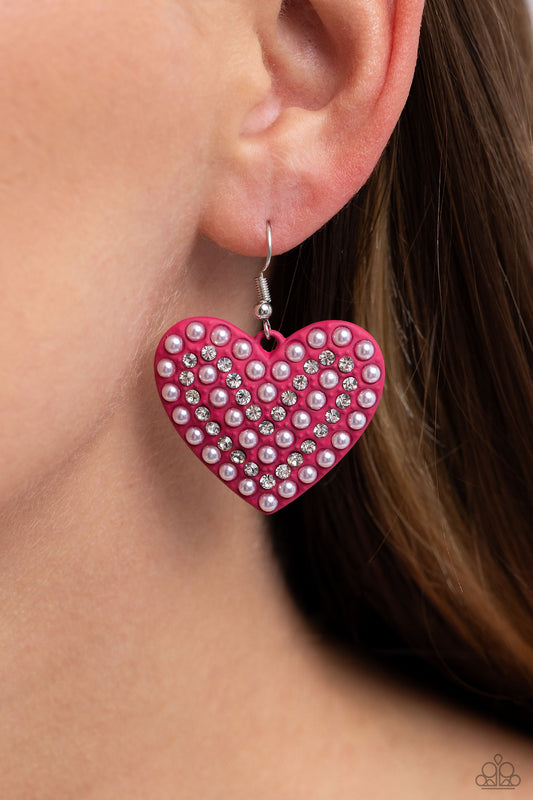 Romantic Reunion - Pink Heart/White Rhinestones & Pink Pearls Paparazzi Earrings