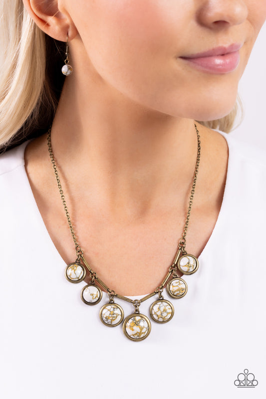 Rustic Recognition - Brass Frames/White Marbled Stones Paparazzi Necklace & matching earrings