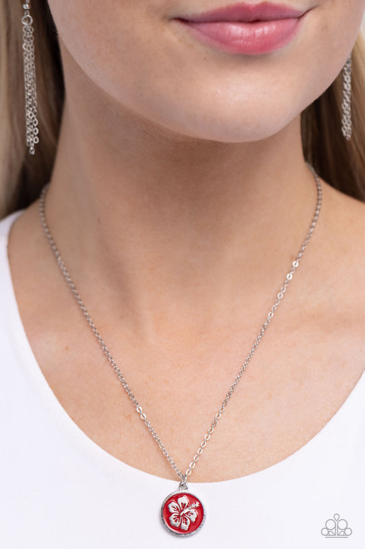 Beachy Basic - Red Painted/Silver Hawaiian-Inspired Flower Pendant Paparazzi Necklace & matching earrings