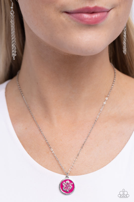 Beachy Basic - Pink Painted/Silver Hawaiian-Inspired Flower Pendant Paparazzi Necklace & matching earrings