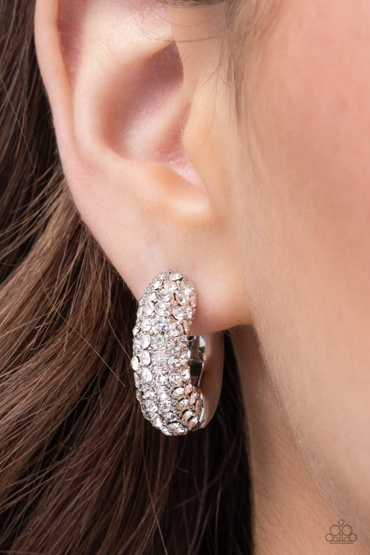Combustible Confidence - White Rhinestone Encrusted Hinge Hoop Paparazzi Earrings