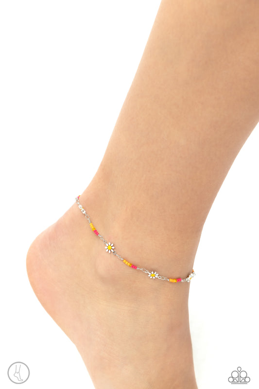 Sweetest Daydream - Pink/Orange/ Yellow Seed Beads & White Daisy Paparazzi Anklet