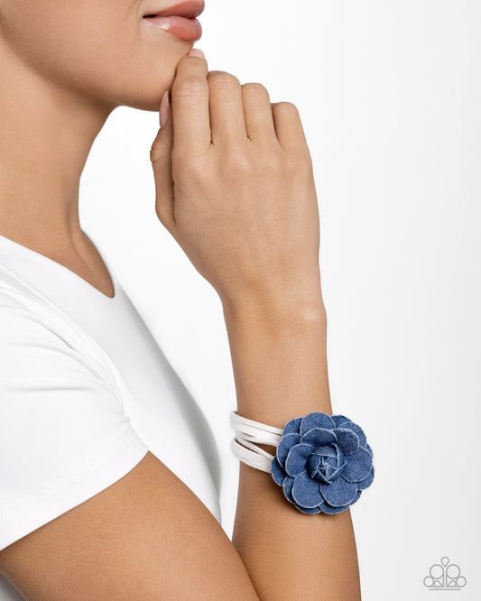 Garden Genre - White Suede & Oversized Denim Rose Paparazzi Adjustable Bracelet