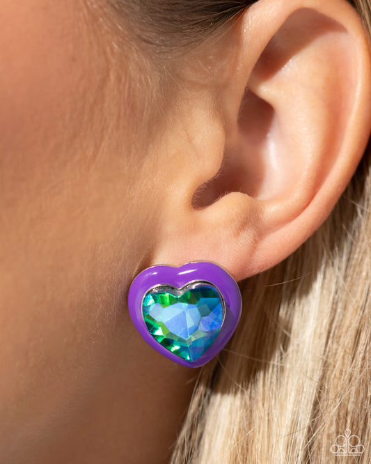 Heartfelt Haute - Purple Frame & Oversized UV Heart Gem Paparazzi Earrings