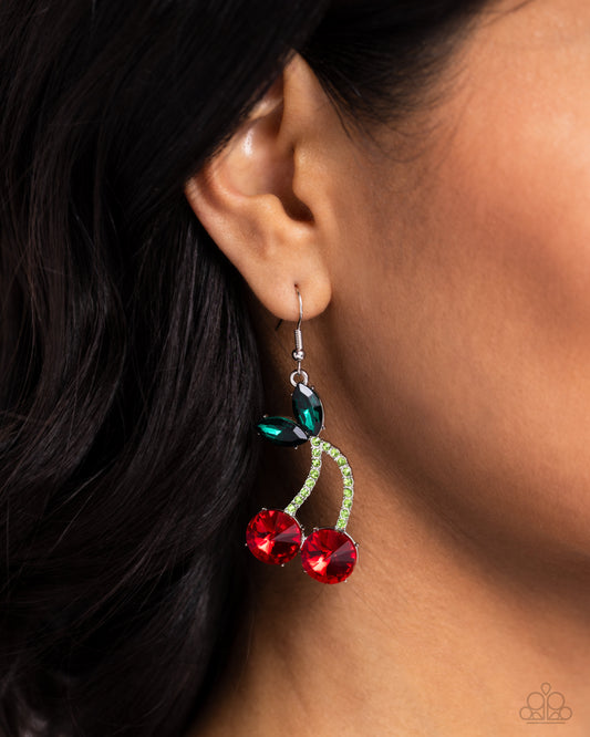 Cherry Cameo - Red Faceted Gems & Green Rhinestone Cherry Paparazzi Earrings