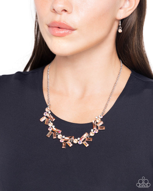 Serene Statement - Orange Iridescent/Peach/UV Rhinestones Paparazzi Necklace & matching earrings