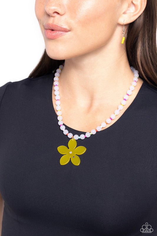 Nostalgic Novelty - Yellow Flower Pendant/White Beaded Paparazzi Necklace & matching earrings