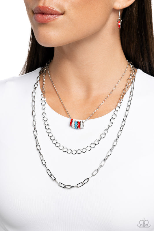Colorful Cadet - Red/White/Blue Rings & Silver Chains Paparazzi Necklace & matching earrings