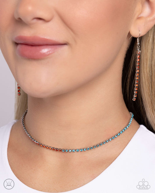 Dedicated Duo - Orange to Aquamarine Rhinestone Encrusted Paparazzi Choker Necklace & matching earrings