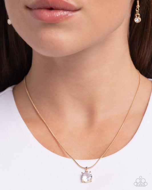 Pronged Premiere - Gold Snake Chain/White Gem Pendant Paparazzi Necklace & matching earrings