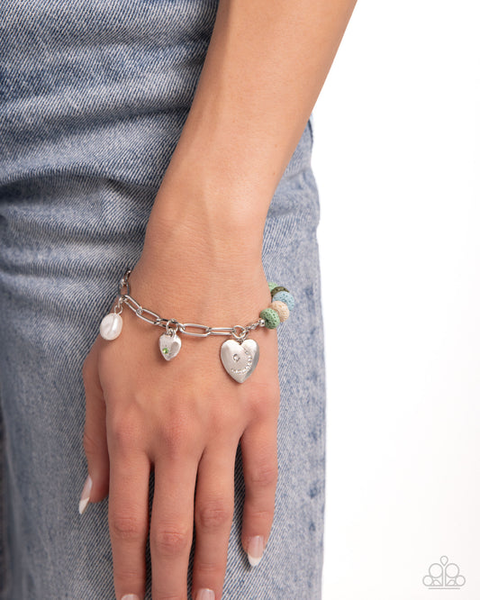 LAVA at First Sight - Green, Turquoise, & White Lava Stones/Silver Heart Charm Paparazzi Adjustable Bracelet