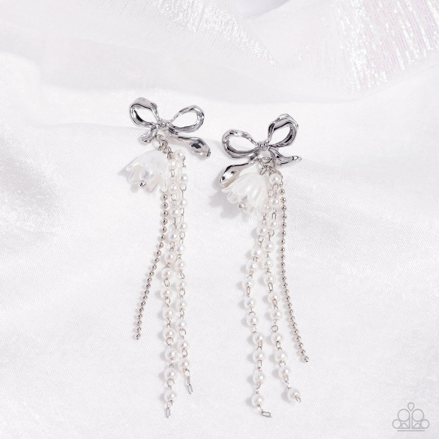 Garden Gain - White Dainty Pearls & Silver Bow Paparazzi Earrings