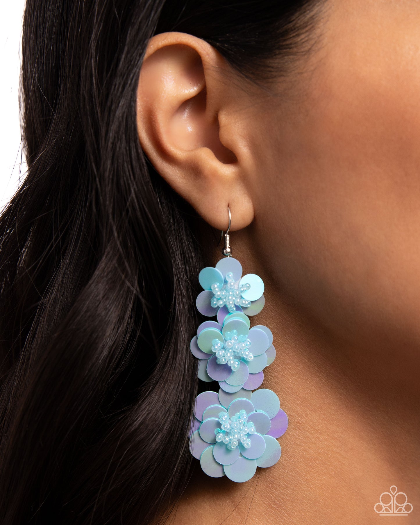 Beaded Bouquet - Blue Iridescent Sequin Flowers Paparazzi Earrings